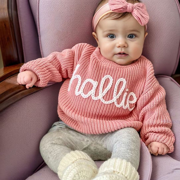 Custom Name Baby Sweater, Hand Embroidered Baby Sweater